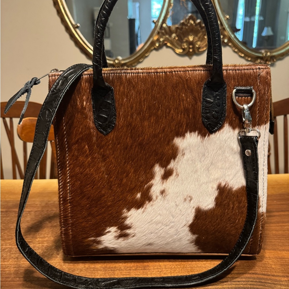 Brown and White Cowhide Shoulder Bag with Leather Straps